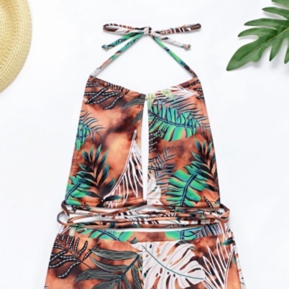 Women's Sexy Halter One Piece Swimsuit Briefs Botanical Tropical Palm Trees - Picture 5 of 7